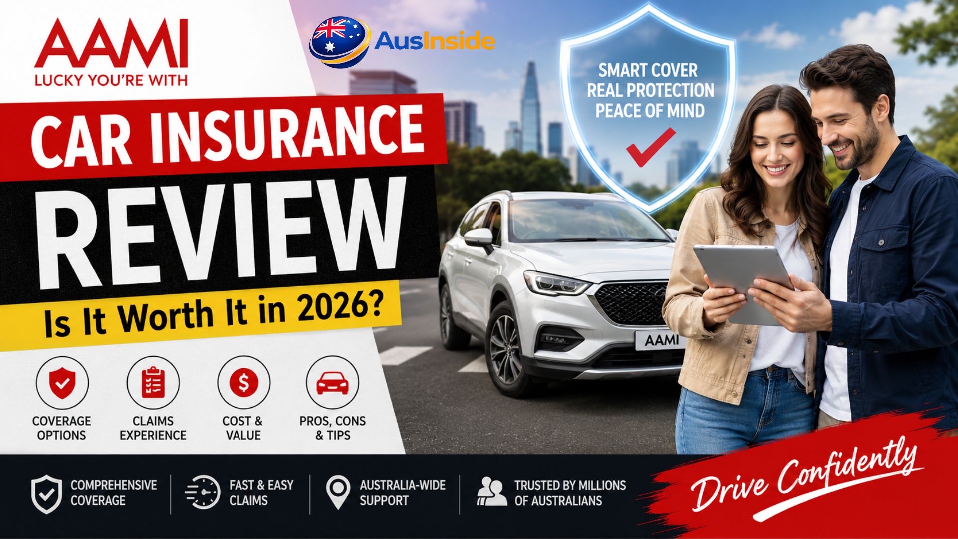 Person holding a car key in front of an AAMI office with a parked vehicle in the background, representing AAMI car insurance in Australia.