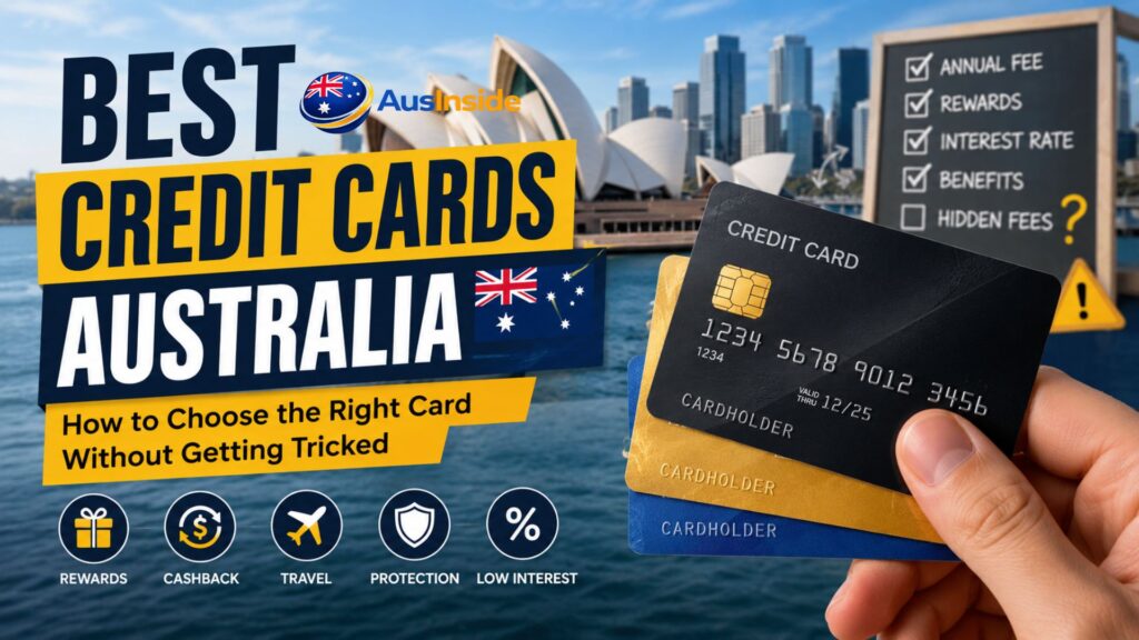 Best Credit Cards Australia comparison feature image showing a hand holding multiple credit cards with the Sydney Opera House in the background, highlighting rewards, cashback, travel benefits, protection, and low-interest options.