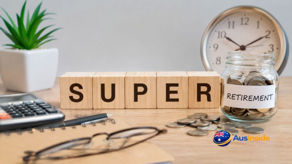 Simple retirement planning workspace with superannuation savings jar, calculator, and wooden SUPER blocks on desk