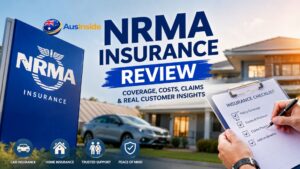 NRMA Insurance review feature image showing a suburban home, car, insurance checklist, and branding focused on coverage, claims, and customer insights.