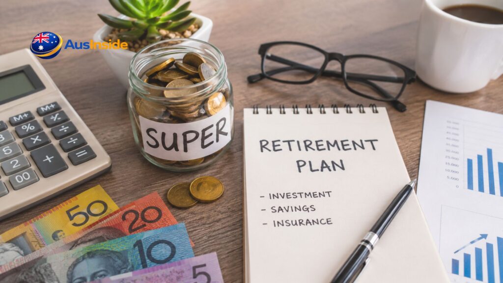 Realistic Australian retirement savings concept with superannuation documents, calculator, coins, and financial planning desk setup in modern office scene
