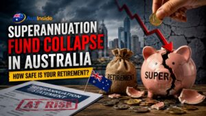 Broken superannuation piggy bank with falling graph and retirement savings concept in Australia