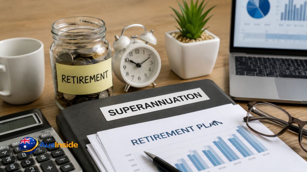 Modern retirement planning desk with superannuation folder, calculator, savings jar, and financial growth charts in realistic office setting