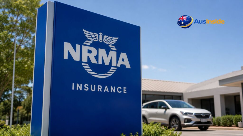 NRMA Insurance sign outside a modern office building with a parked SUV under a clear blue sky in Australia.
