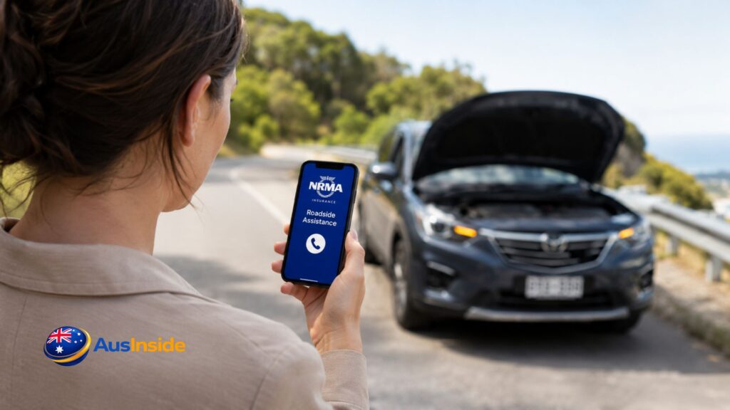 Woman using the NRMA Insurance roadside assistance app beside a broken-down SUV on a coastal road in Australia.