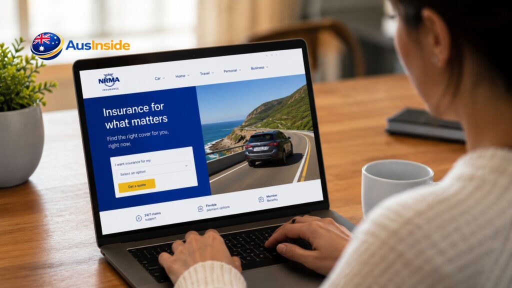 Person browsing the NRMA Insurance website on a laptop at home with a coffee mug on a wooden desk.