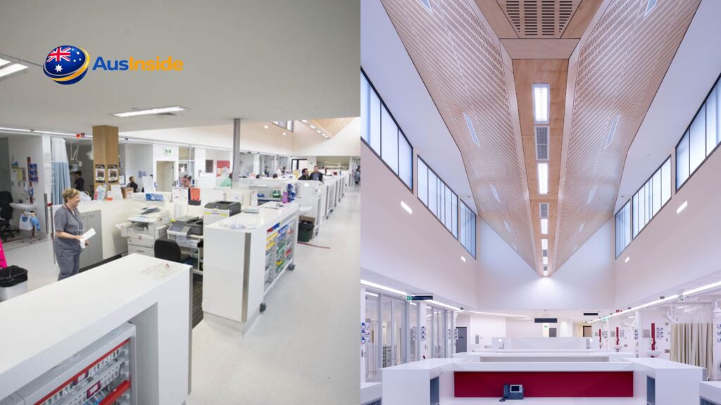 Modern hospital ward interior featuring a central nursing station, healthcare staff, patient care areas, bright clinical workspaces, and contemporary healthcare facility design.