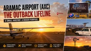 Aramac Airport (AXC) in outback Queensland featuring a small aircraft on a remote runway at sunset, highlighting its role in emergency services, freight, and regional connectivity.