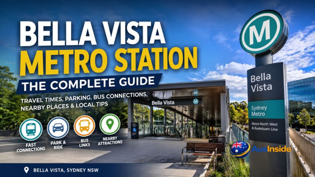 Bella Vista Metro Station entrance in Sydney's Hills District featuring Sydney Metro signage, commuter facilities, park-and-ride access, bus connections, and modern station architecture under a blue sky.