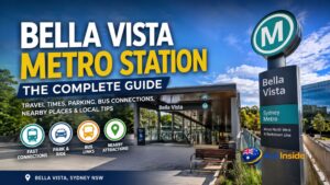 Bella Vista Metro Station entrance in Sydney's Hills District featuring Sydney Metro signage, commuter facilities, park-and-ride access, bus connections, and modern station architecture under a blue sky.