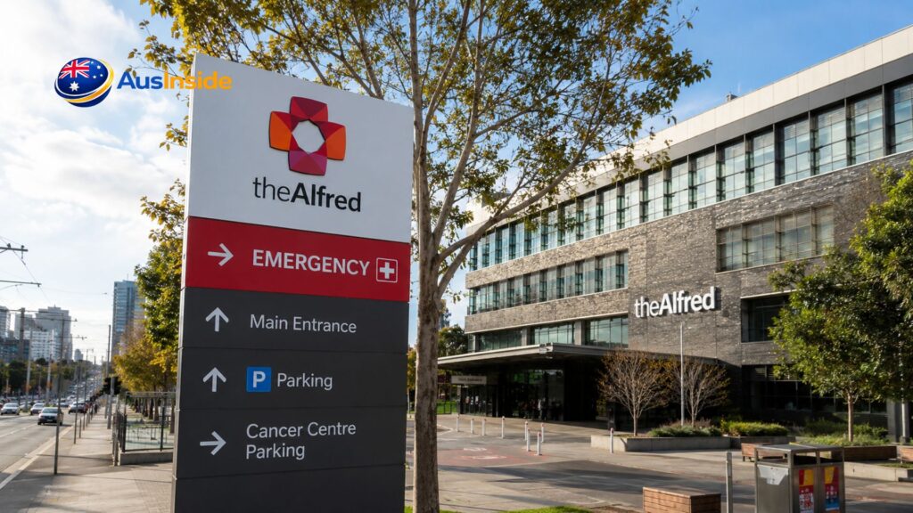 Modern exterior of The Alfred Hospital in Melbourne with ambulance access, contemporary healthcare architecture, and a welcoming hospital entrance under natural daylight.