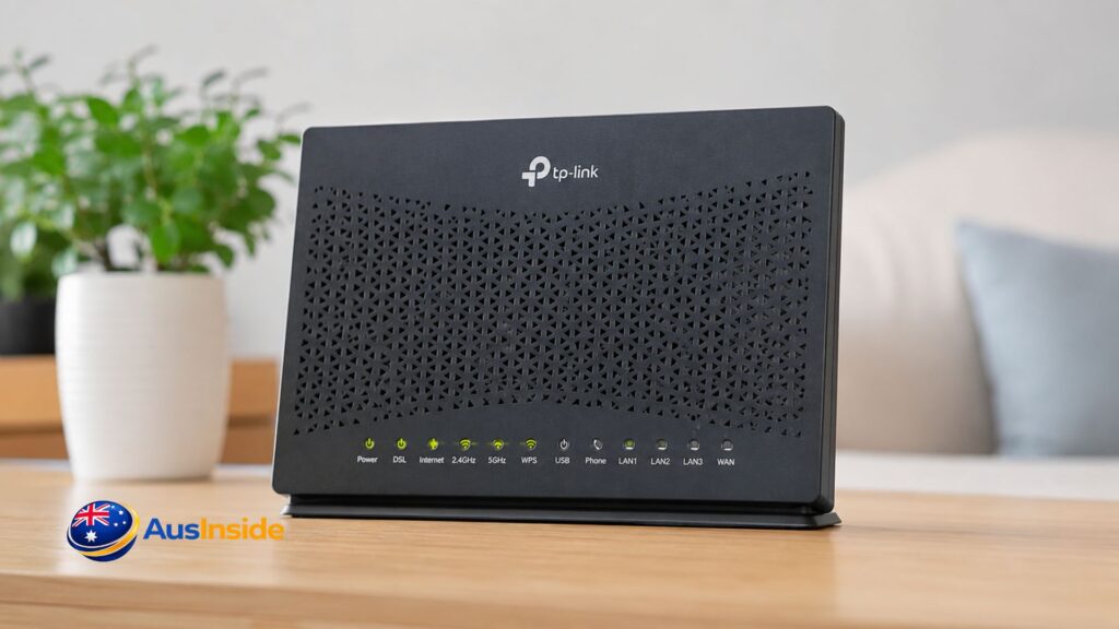 TP-Link VX230v Wi-Fi 6 modem router placed on a wooden table in a modern living room with a blurred sofa and indoor plant in the background.
