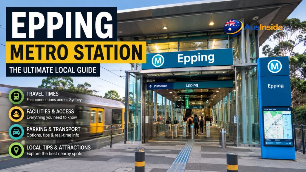 Epping Metro Station entrance in Sydney with commuters, metro signage, train platform access, travel information highlights, and modern transport hub facilities.