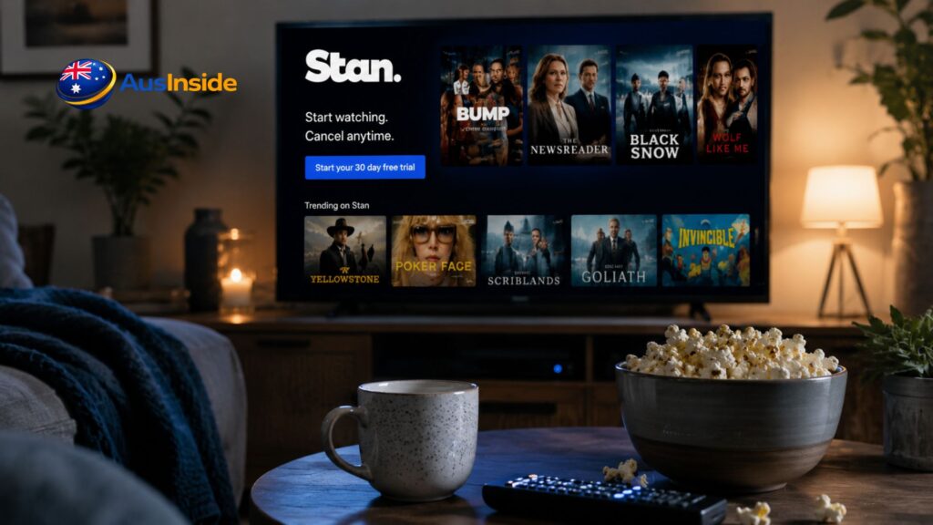 Cozy home cinema setup with popcorn, coffee, and a TV streaming popular Stan Australia shows, creating a relaxing movie-night atmosphere.