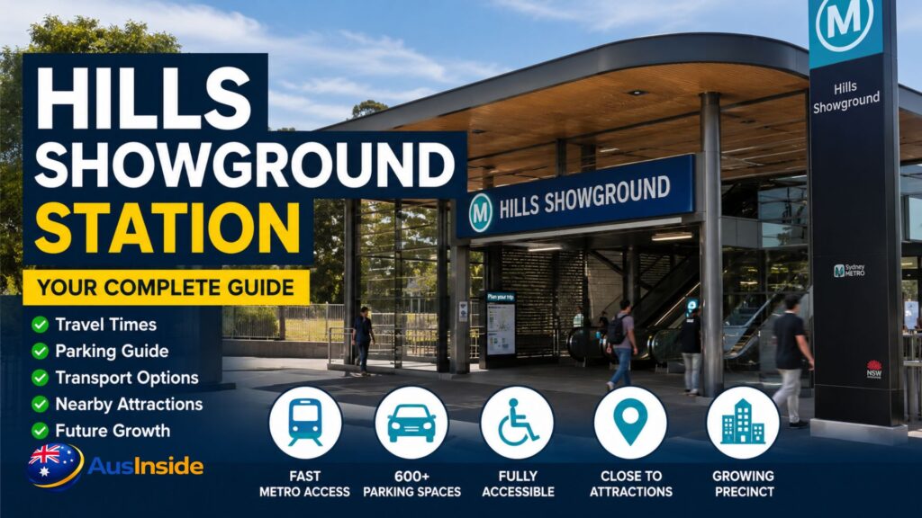 Hills Showground Station entrance with Sydney Metro train, commuters, modern architecture, and surrounding urban development in Castle Hill.