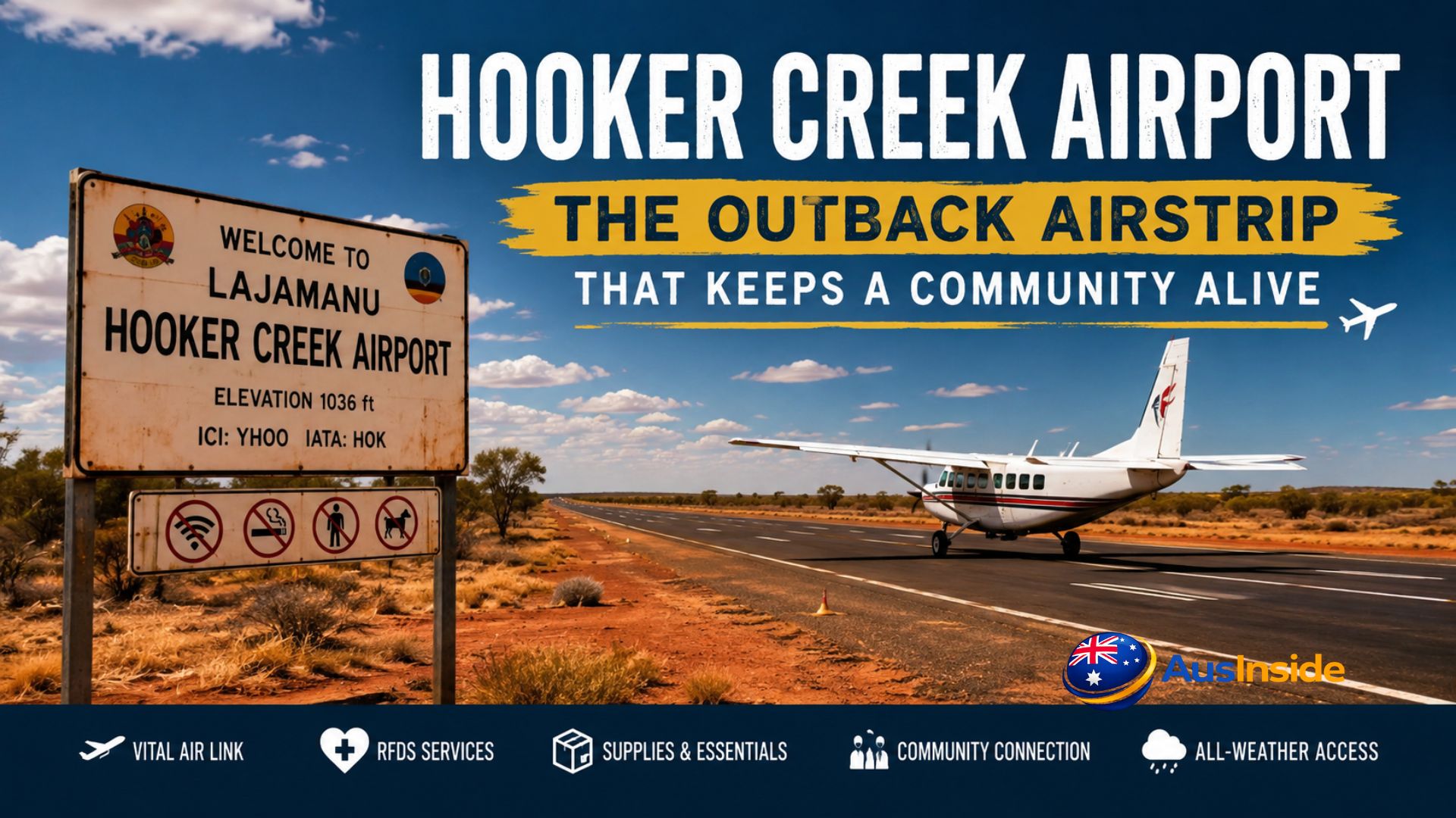 Hooker Creek Airport runway in Lajamanu, Northern Territory, featuring a small aircraft on a sealed airstrip surrounded by the Australian Outback under a clear blue sky.