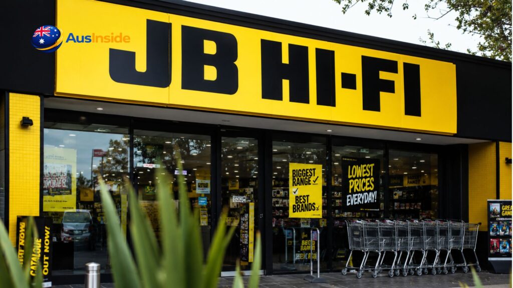 Exterior of a JB Hi-Fi store featuring its iconic yellow signage, glass storefront, shopping trolleys, promotional posters, and a bright electronics retail interior visible through the windows.