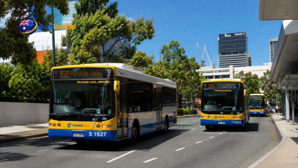 TransLink buses travelling through Brisbane CBD near Queen Street Bus Station on a clear sunny day.