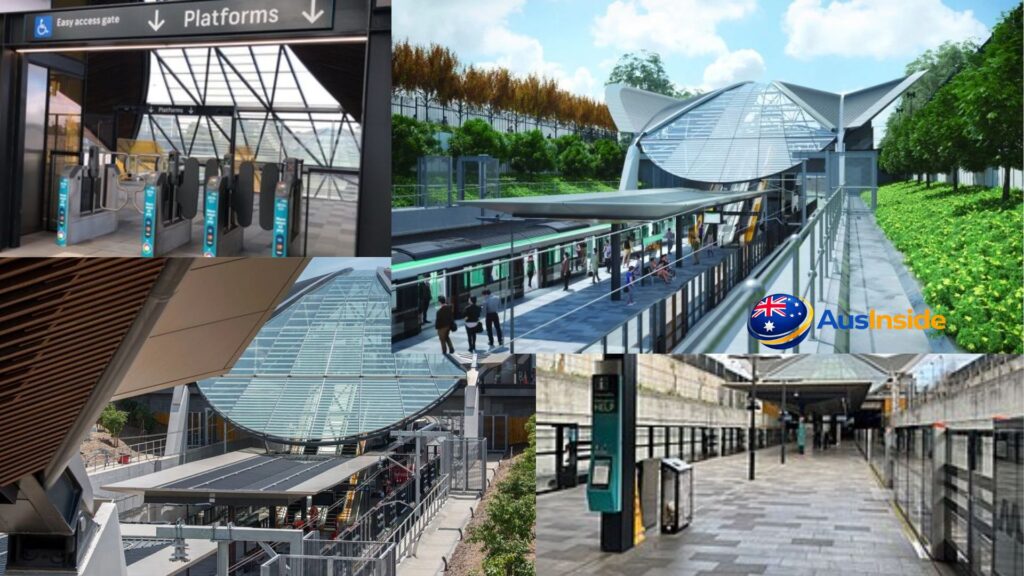 Bella Vista Metro Station collage showing station platforms, entrance gates, modern architecture, accessibility features, and passenger areas in Sydney’s Hills District, Australia.
