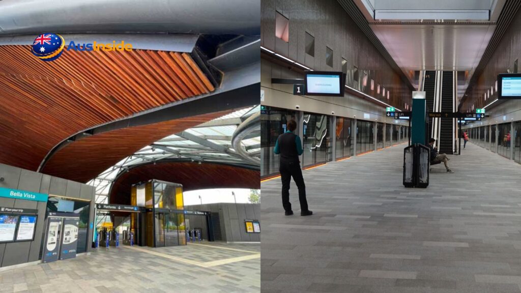 Bella Vista Metro Station entrance and platform interior showcasing modern architecture, curved timber ceiling design, platform screen doors, escalators, and passenger facilities in Sydney, Australia.