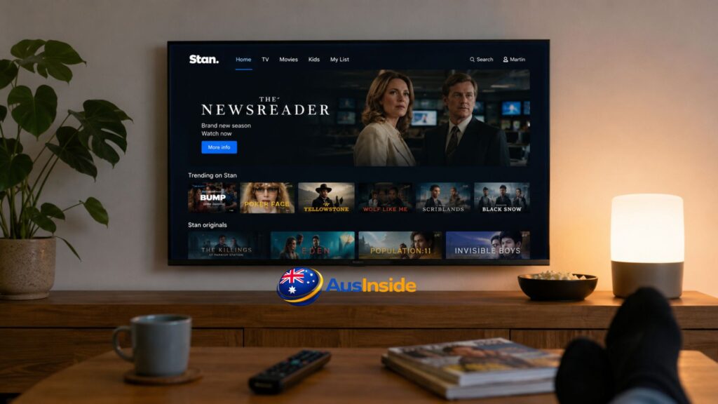 Cozy living room with a wall-mounted TV streaming popular Stan Australia shows, featuring a warm home entertainment setup with ambient lighting and modern décor.