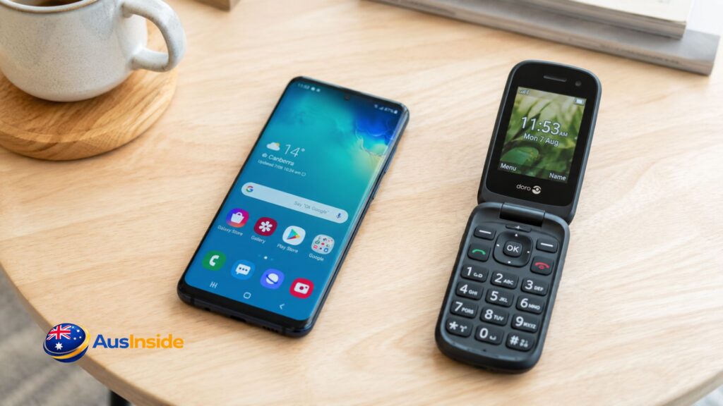 Modern smartphone and flip phone placed on a wooden table beside a coffee cup, showcasing simple and senior-friendly mobile phone options in Australia.