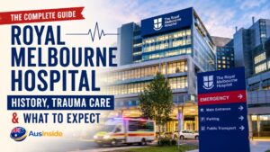 Royal Melbourne Hospital exterior with emergency signage and ambulance, highlighting the hospital’s history, trauma care services, and patient information guide.