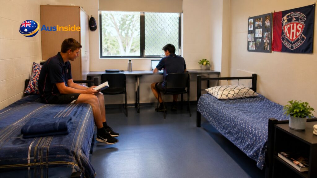 Students studying and relaxing in a clean boarding hostel room with twin beds, study desks, and natural light, reflecting student accommodation at Katherine High School.