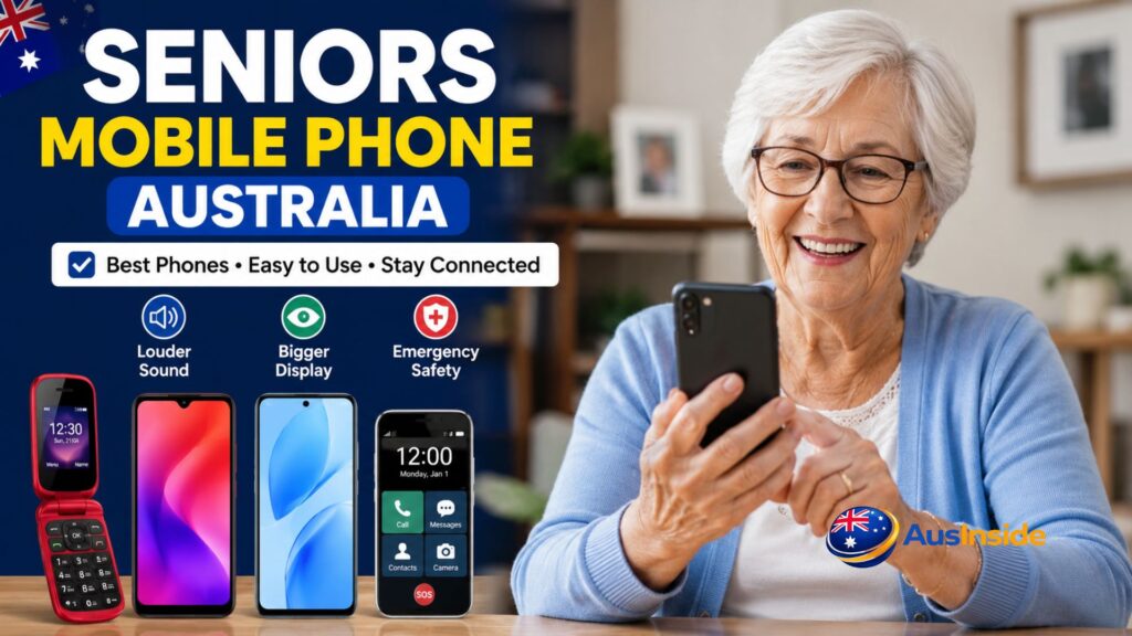 Senior Australian couple comparing mobile phones while reviewing smartphone and flip phone options, highlighting accessibility features, safety tools, and easy communication.