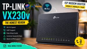 TP-Link VX230v Wi-Fi 6 modem router on a desk with review highlights showing VoIP support, EasyMesh compatibility, setup guidance, and common fixes.