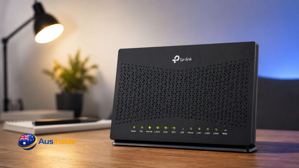 TP-Link VX230v Wi-Fi 6 modem router in a stylish modern home workspace with wireless connectivity highlights, showcasing reliable internet performance and smart home networking.