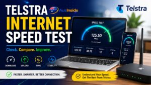 Person running a Telstra internet speed test on a laptop showing download speed, upload speed, and ping results in a modern Australian home office.