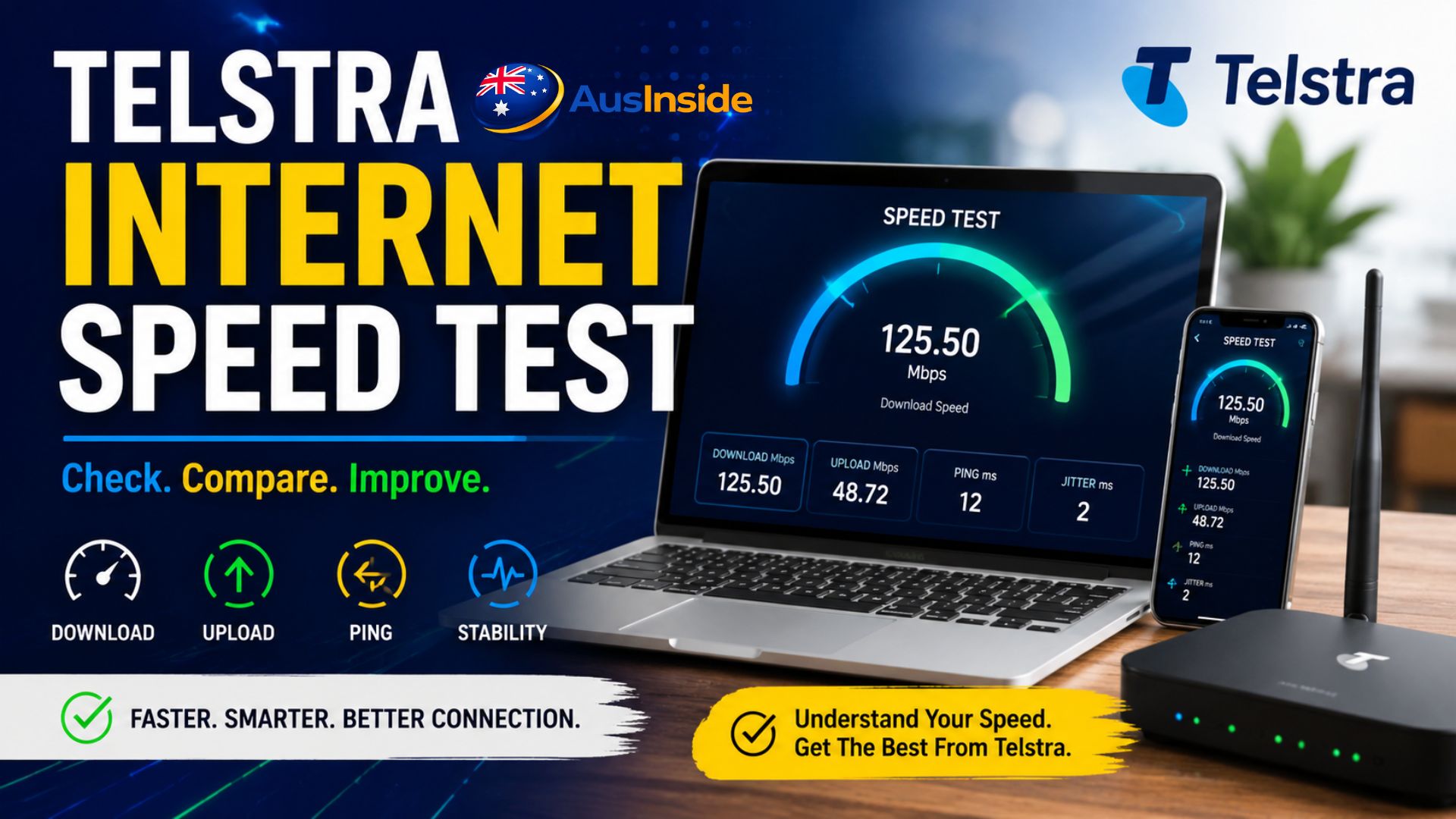Person running a Telstra internet speed test on a laptop showing download speed, upload speed, and ping results in a modern Australian home office.