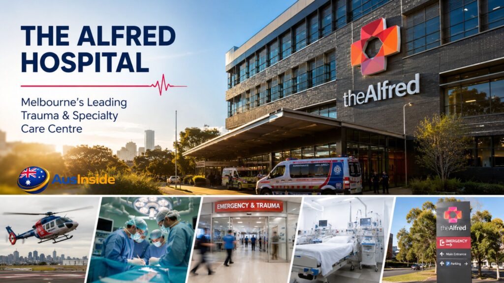 The Alfred Hospital Melbourne feature image showing the hospital entrance, emergency ambulance, trauma helicopter, operating theatre, ICU facilities, and specialist healthcare services.