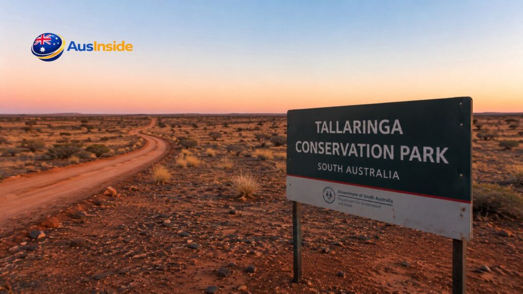 Entrance sign for Tallaringa Conservation Park beside a remote desert road at sunset, showcasing the vast outback landscape of South Australia's Great Victoria Desert region.