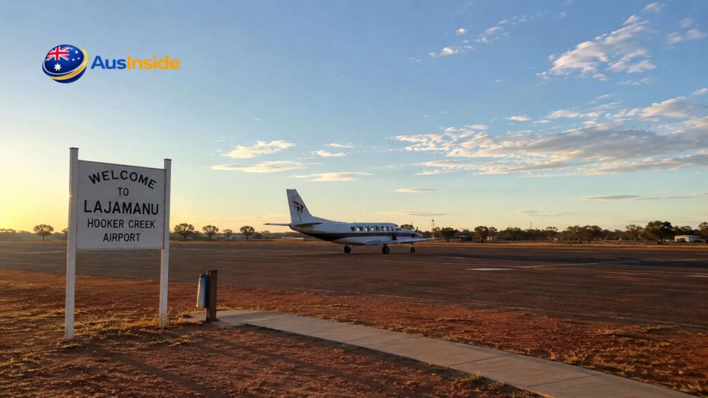 Small aircraft parked beside the runway at Hooker Creek Airport in Lajamanu, Northern Territory, during a golden sunset with clear skies over the Australian Outback.