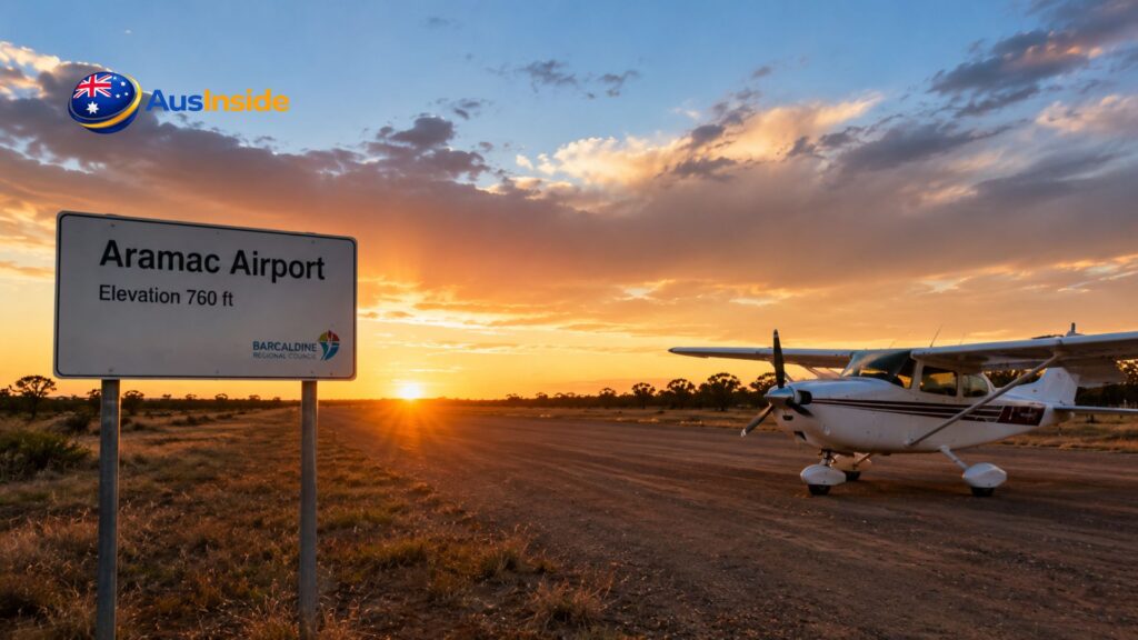 Small aircraft parked beside the gravel runway at Aramac Airport during a colorful outback sunset, with the airport sign in the foreground and dramatic Queensland skies overhead.
