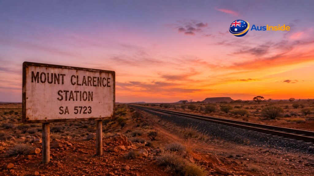 Mount Clarence Station sign beside the Adelaide–Darwin railway line at sunset, showcasing the remote desert landscape of South Australia's outback.