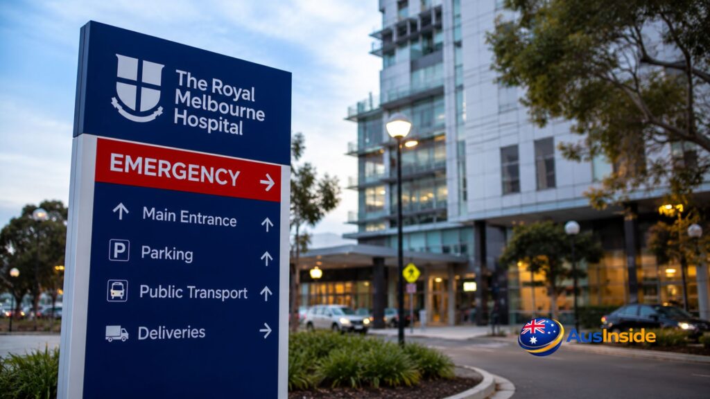 Royal Melbourne Hospital emergency wayfinding sign outside the modern hospital campus in Melbourne, with evening lights, landscaped grounds, and the main entrance visible in the background.