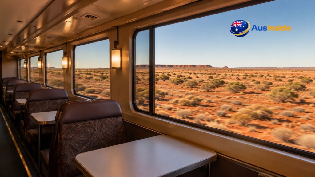 Interior view of a passenger train travelling through the remote Australian outback, with comfortable seating and large windows overlooking the desert landscape near Mount Clarence Station.