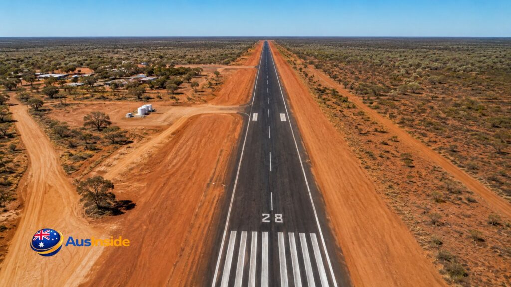 Aerial view of Hooker Creek Airport's sealed runway stretching through the remote Australian Outback near Lajamanu, surrounded by red desert terrain and sparse vegetation.