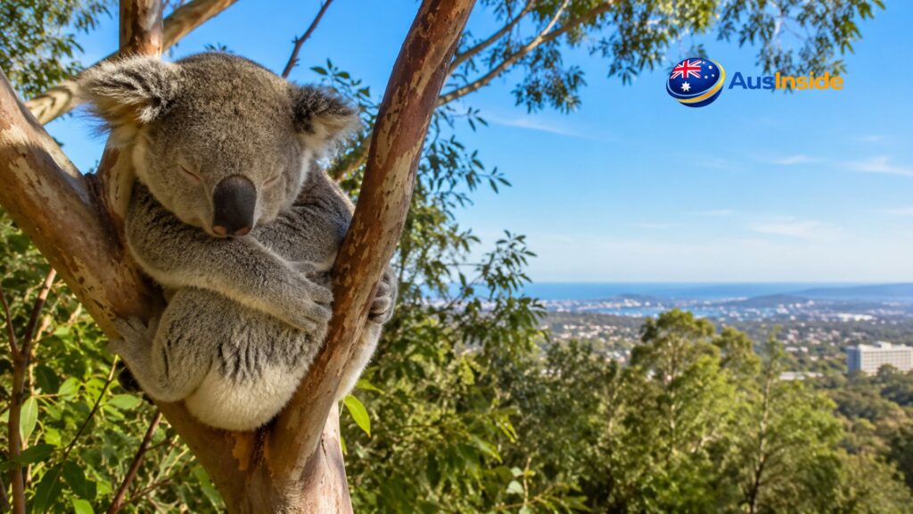 Koala resting on a eucalyptus tree at Cleland Wildlife Park with scenic Adelaide Hills views in the background.