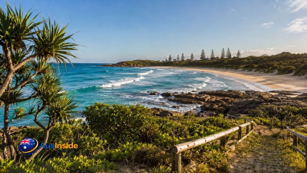Scenic coastal view of Pippi Beach in Yamba, NSW, with turquoise waves, rocky shoreline, lush coastal vegetation, and a walking path overlooking the beach.