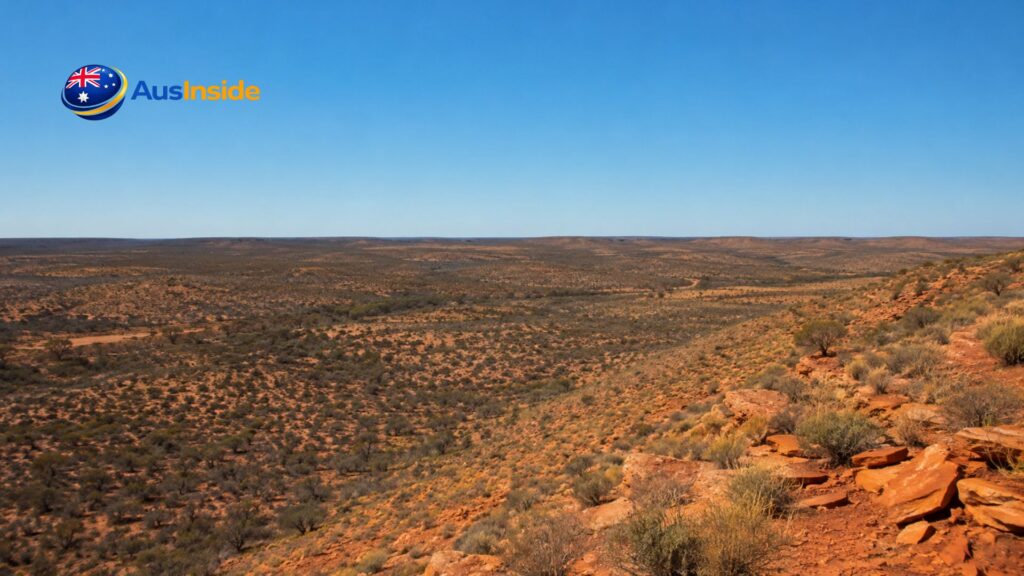 Panoramic view of Tallaringa Conservation Park showing rugged red-rock terrain, desert shrubs, and vast arid wilderness beneath a clear blue sky in remote South Australia.