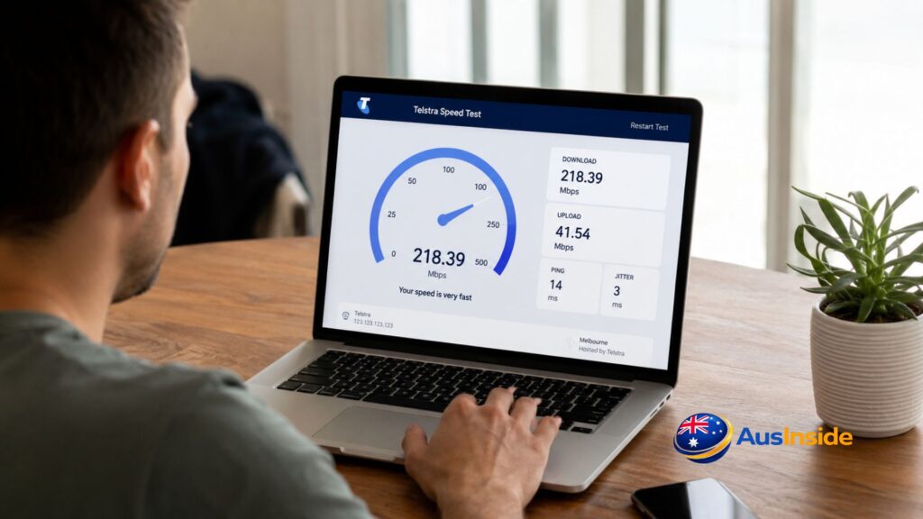 Man using a laptop to run an internet speed test at a home office desk, showing download speed, upload speed, ping, and jitter results on the screen.