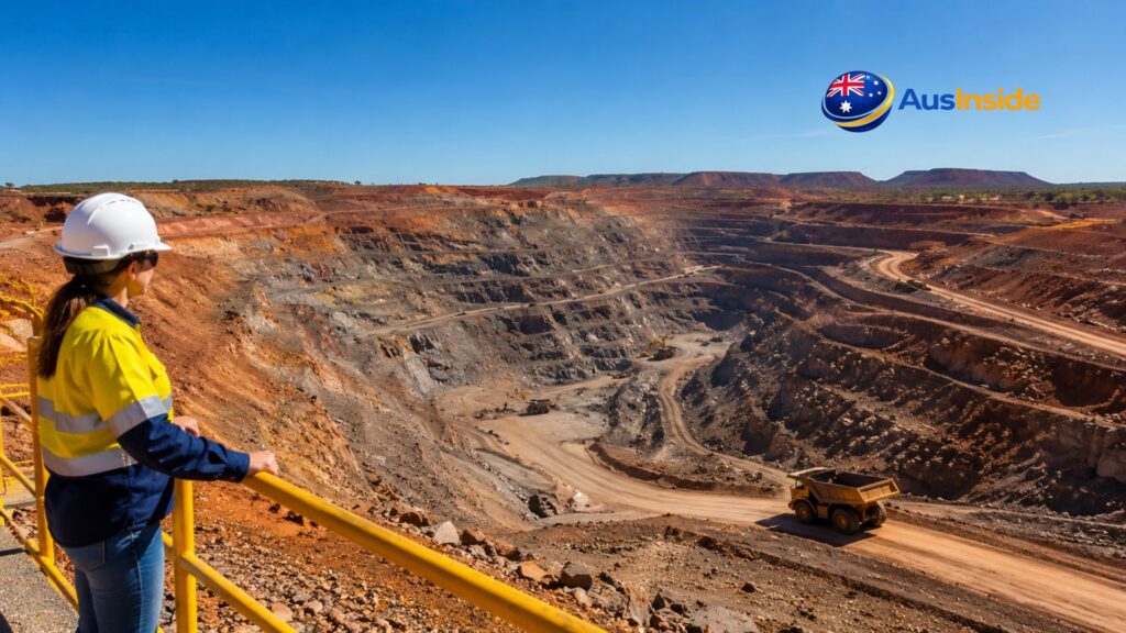Visitor overlooking the massive Mt Whaleback open-cut iron ore mine near Newman, Western Australia, with haul roads, mining trucks, and red Pilbara landscapes under a clear blue sky.