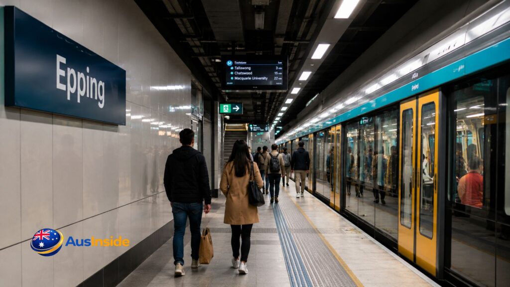 Realistic view of Epping Metro Station in Sydney showing commuters walking through a modern station concourse with metro signage, transport connections, and a busy urban atmosphere.