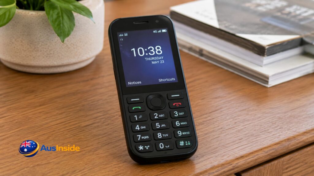 mobile phone on a table with books and plant and mobile phone show time with 4g signals