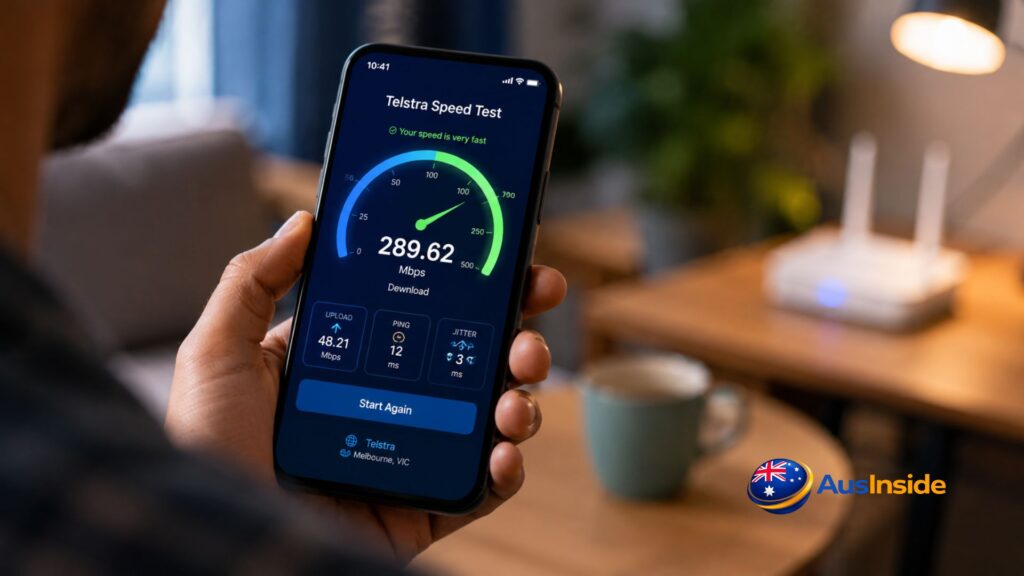Person holding a smartphone displaying an internet speed test app with download speed, upload speed, ping, and jitter results in a cozy home environment with a Wi-Fi router in the background.