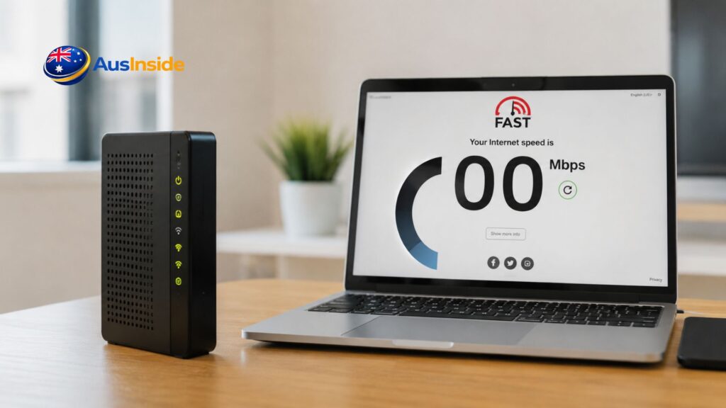 Modern Wi-Fi router beside a laptop displaying an internet speed test on a clean home office desk, representing TPG broadband speed and home internet performance.